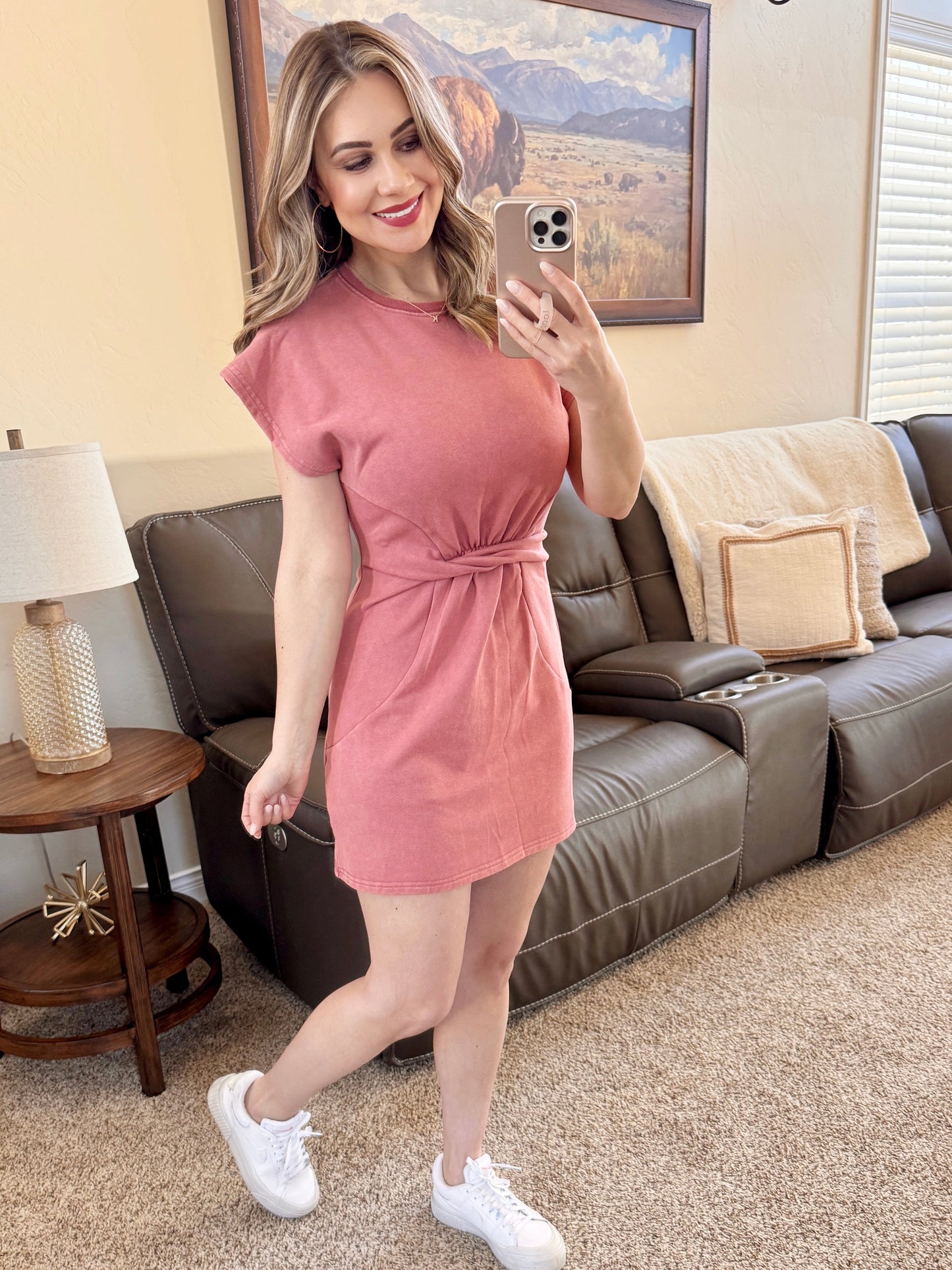 Twist Detail French Terry Dress In Mineral Wash Marsala