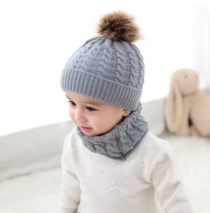 Organic Cotton Kids Beanie & Scarf Set | Chunky Knit Pom Pom Winter Set