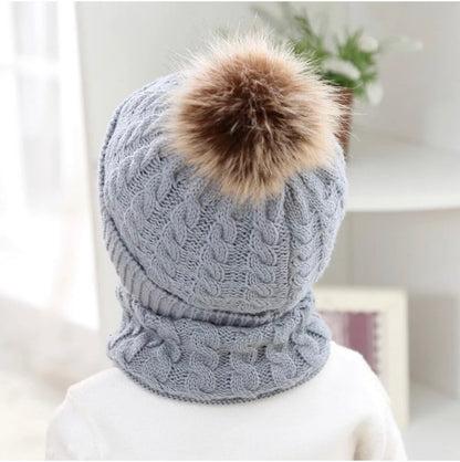 Organic Cotton Kids Beanie & Scarf Set | Chunky Knit Pom Pom Winter Set