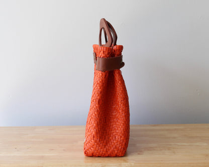 Orange Handwoven Tote Bag with Leather Handles