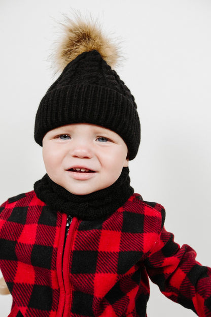 Organic Cotton Kids Beanie & Scarf Set | Chunky Knit Pom Pom Winter Set