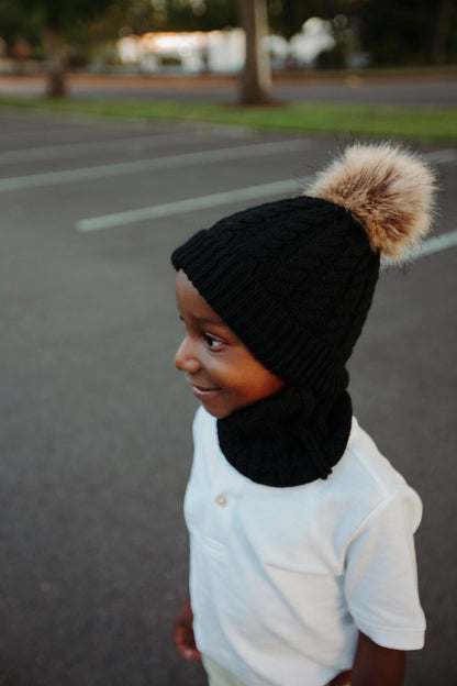 Organic Cotton Kids Beanie & Scarf Set | Chunky Knit Pom Pom Winter Set