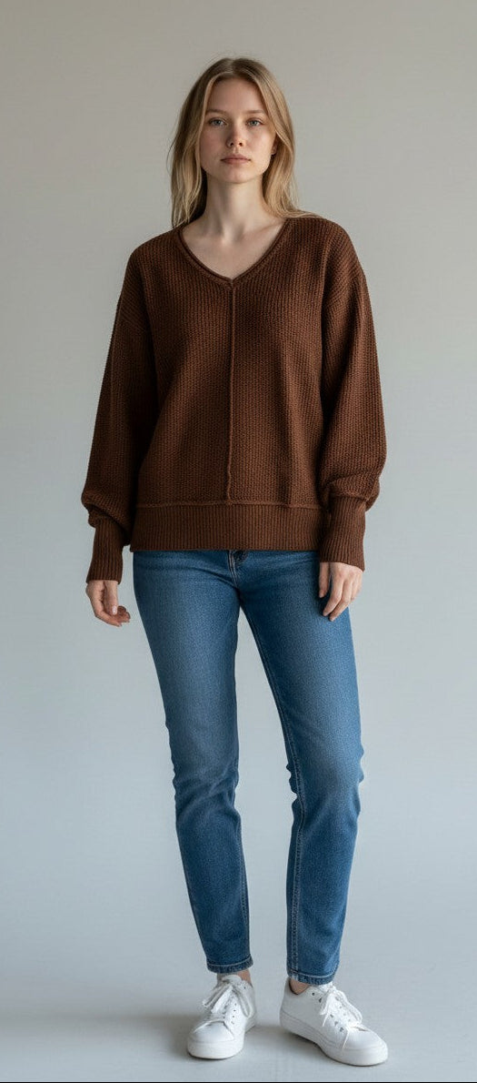 [163381-249] WOMENS LUCKY BRAND L/S SOLID TEXTURED V NK (5GG) - CHICORY COFFEE