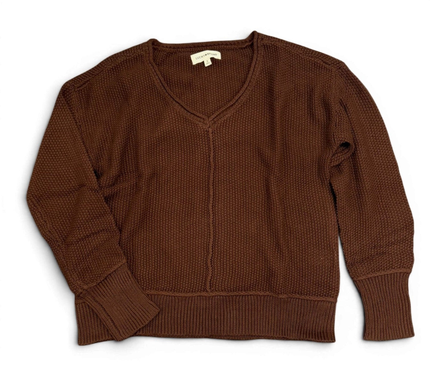 [163381-249] WOMENS LUCKY BRAND L/S SOLID TEXTURED V NK (5GG) - CHICORY COFFEE