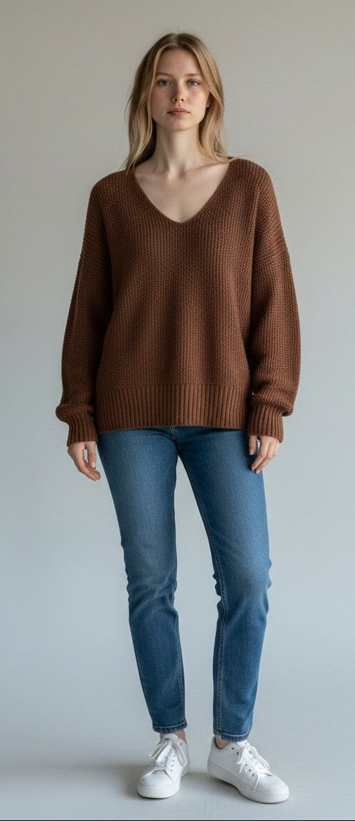 [7WP5056-249] WOMENS LUCKY BRAND SPRING WEIGHT V NECK PULLOVER - CHICORY COFFEE