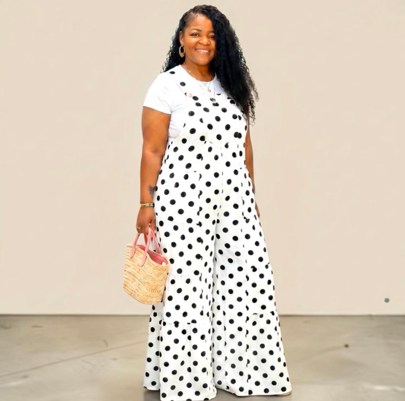 Womens Plus SIze Polka Dot Wide Leg Jumpsuit