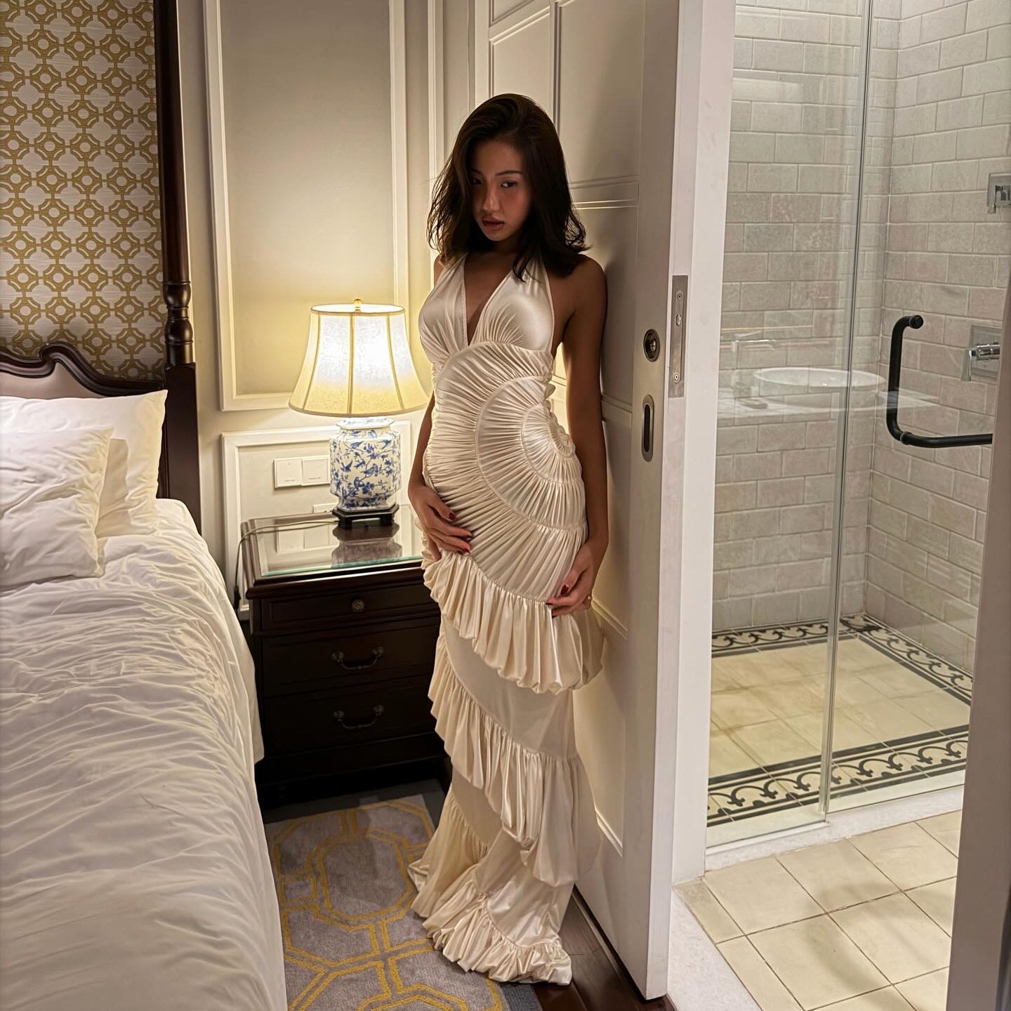 Innocence Ivory Sculpted Silk Halter Maxi Dress