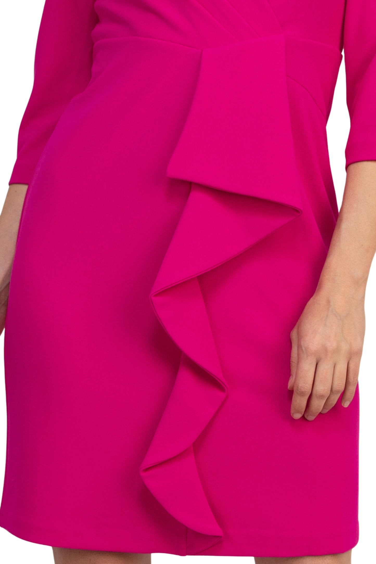 Julia Jordan V-Neckline Three-Quater Sleeves Pleated Cascade Front Ruffled Back Zip Closure Sheath Dress