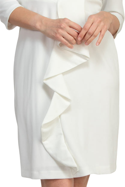 Julia Jordan V-Neckline Three-Quater Sleeves Pleated Cascade Front Ruffled Back Zip Closure Sheath Dress