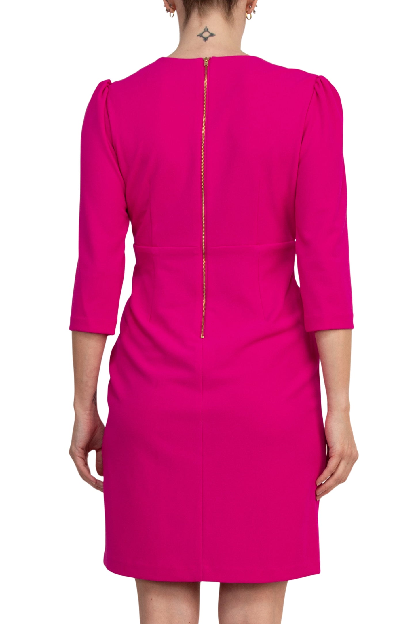 Julia Jordan V-Neckline Three-Quater Sleeves Pleated Cascade Front Ruffled Back Zip Closure Sheath Dress