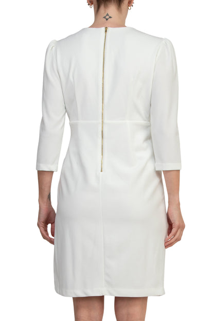 Julia Jordan V-Neckline Three-Quater Sleeves Pleated Cascade Front Ruffled Back Zip Closure Sheath Dress