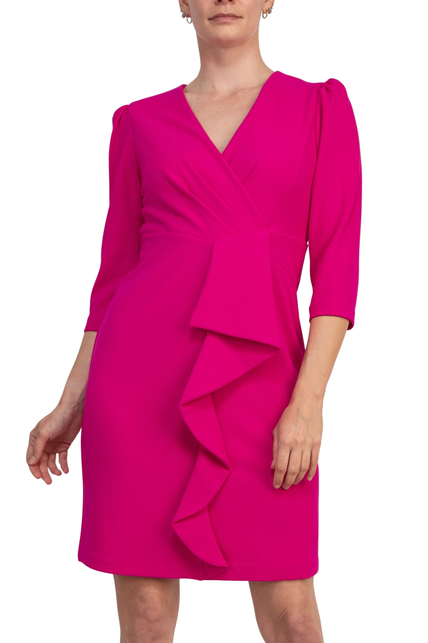 Julia Jordan V-Neckline Three-Quater Sleeves Pleated Cascade Front Ruffled Back Zip Closure Sheath Dress