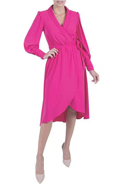 Julia Jordan Surplice Lapel V-Neckline Cuffed Long Sleeve Side Tie Closure Wrap Hem Crepe Dress