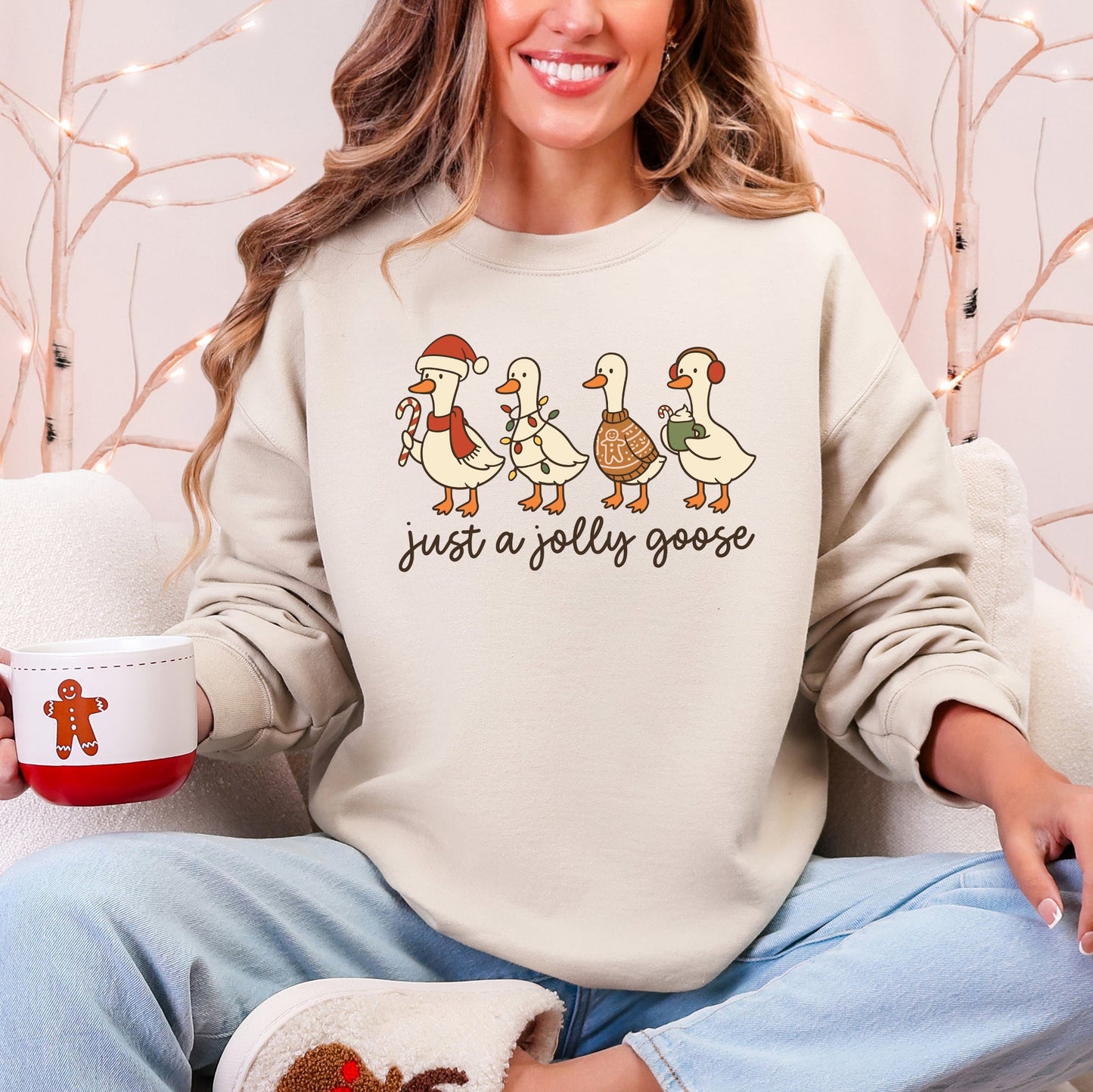 Just A Jolly Goose Santa Claus Christmas Goose Holiday Cozy Vintage Festive Graphic Sweatshirt