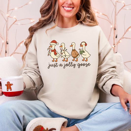 Just A Jolly Goose Santa Claus Christmas Goose Holiday Cozy Vintage Festive Graphic Sweatshirt