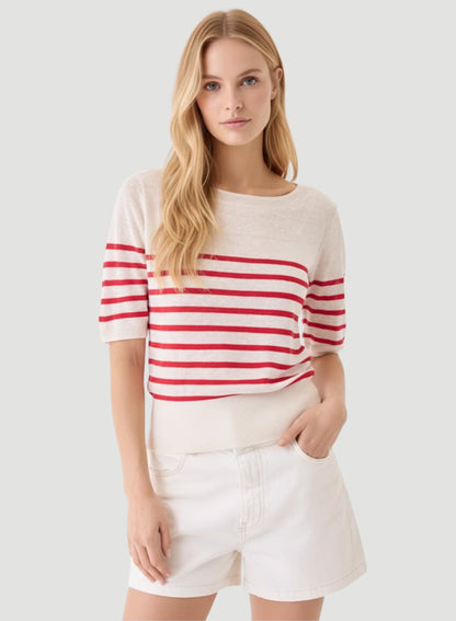 Stretch Linen Stripe Knit Three Quarter Sleeve Boatneck