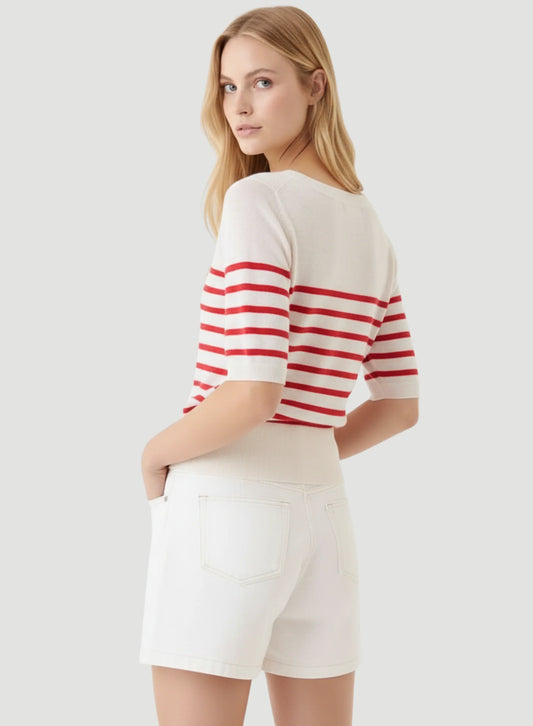 Stretch Linen Stripe Knit Three Quarter Sleeve Boatneck