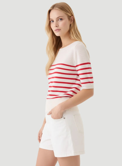 Stretch Linen Stripe Knit Three Quarter Sleeve Boatneck