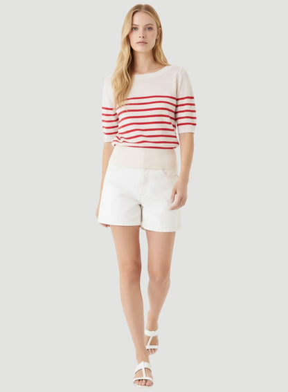 Stretch Linen Stripe Knit Three Quarter Sleeve Boatneck
