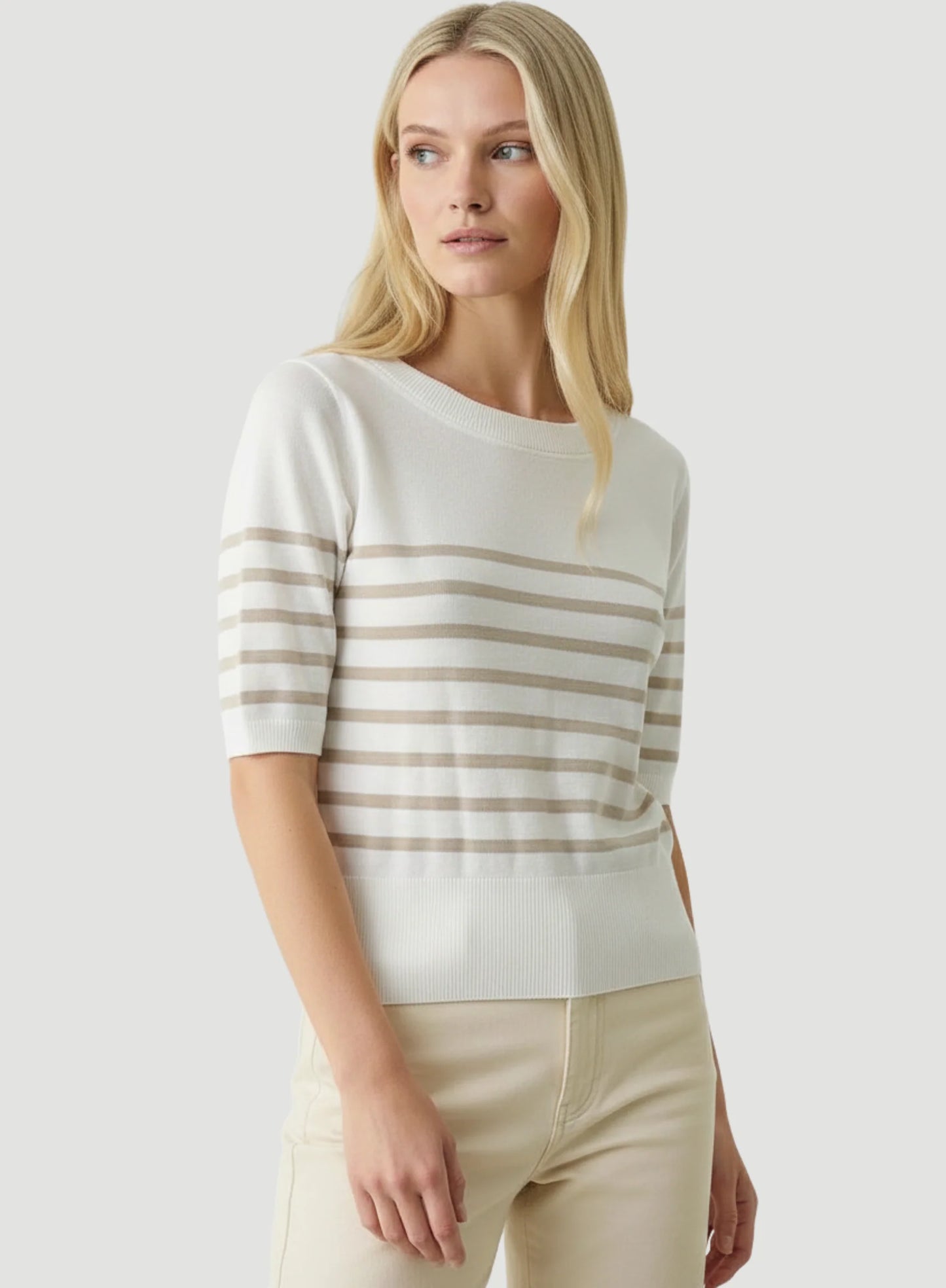 Stretch Linen Stripe Knit Three Quarter Sleeve Boatneck