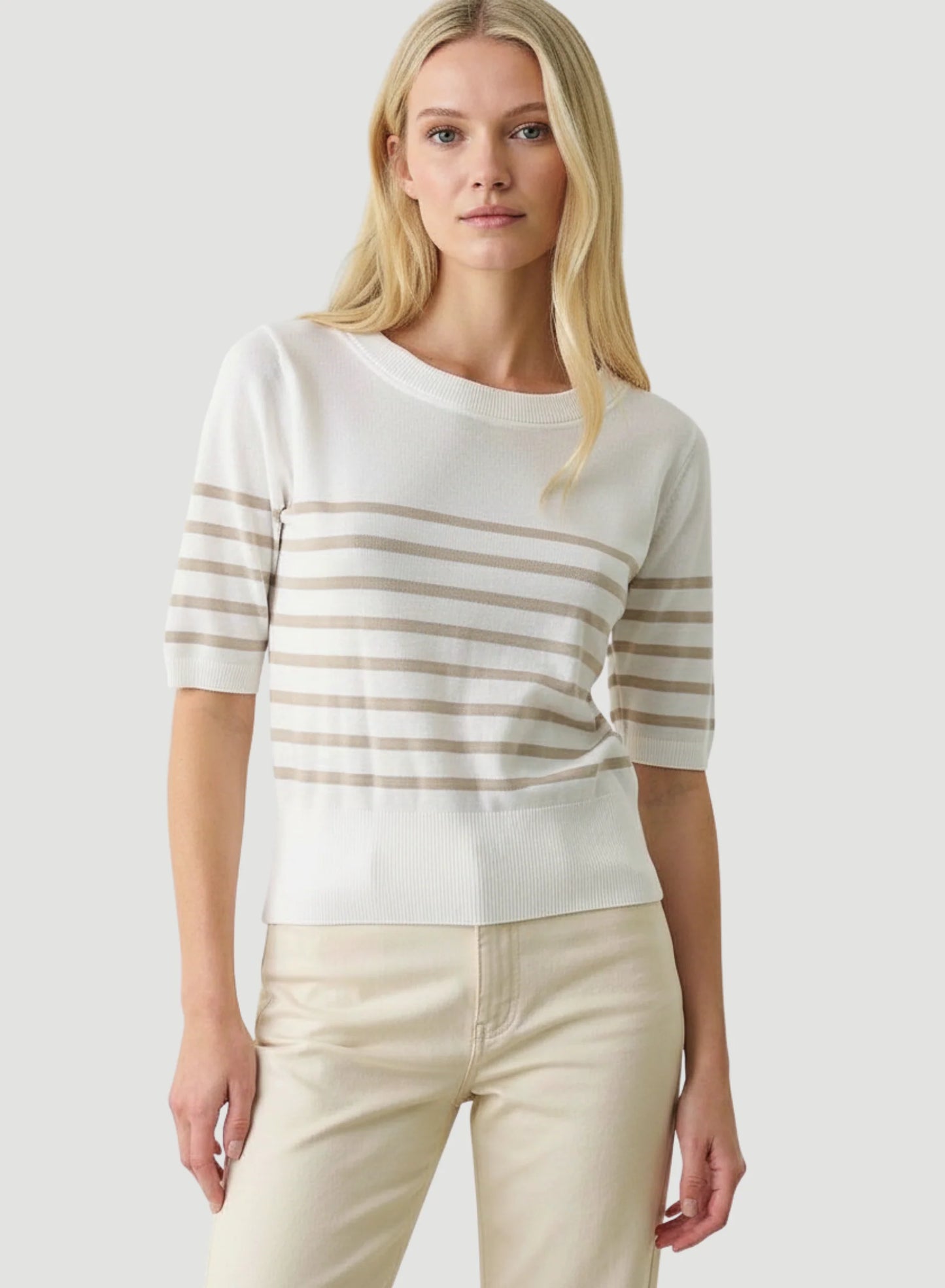 Stretch Linen Stripe Knit Three Quarter Sleeve Boatneck