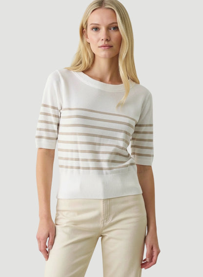Stretch Linen Stripe Knit Three Quarter Sleeve Boatneck