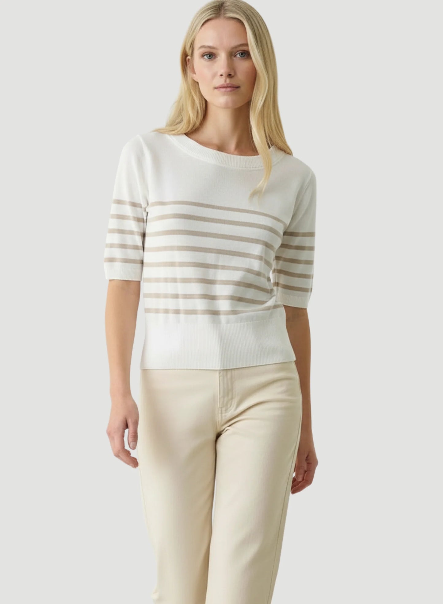 Stretch Linen Stripe Knit Three Quarter Sleeve Boatneck