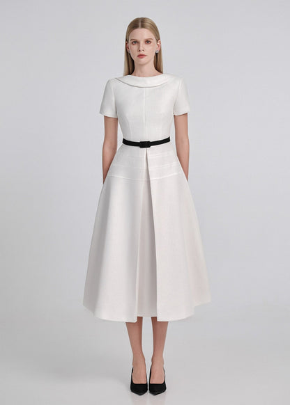 Pleated Tweed Flare Midi Dress