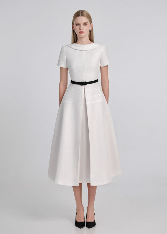 Pleated Tweed Flare Midi Dress