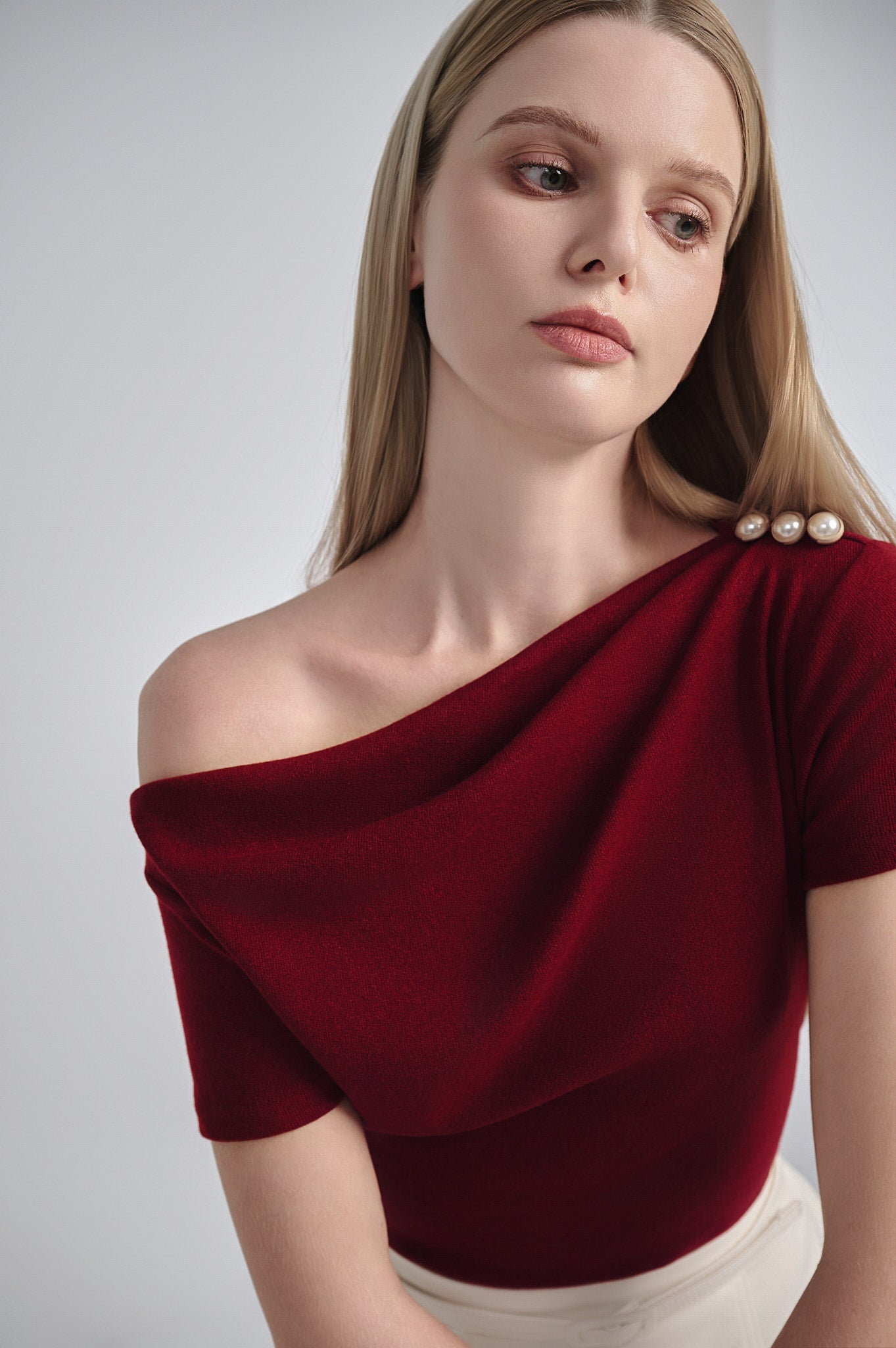 Draped Shoulder Ribbed Cotton Top