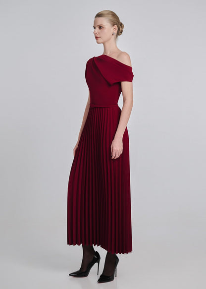One-Shoulder Pleated Maxi Dress with Belt