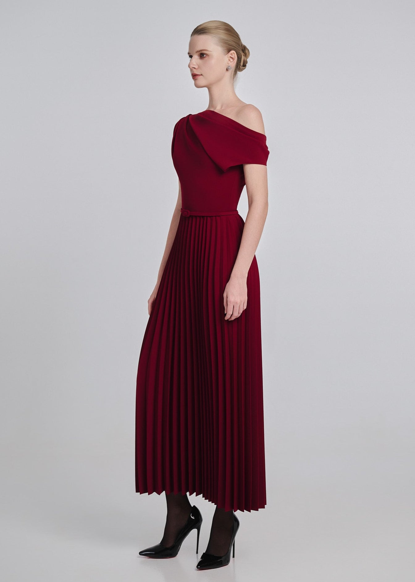 One-Shoulder Pleated Maxi Dress with Belt