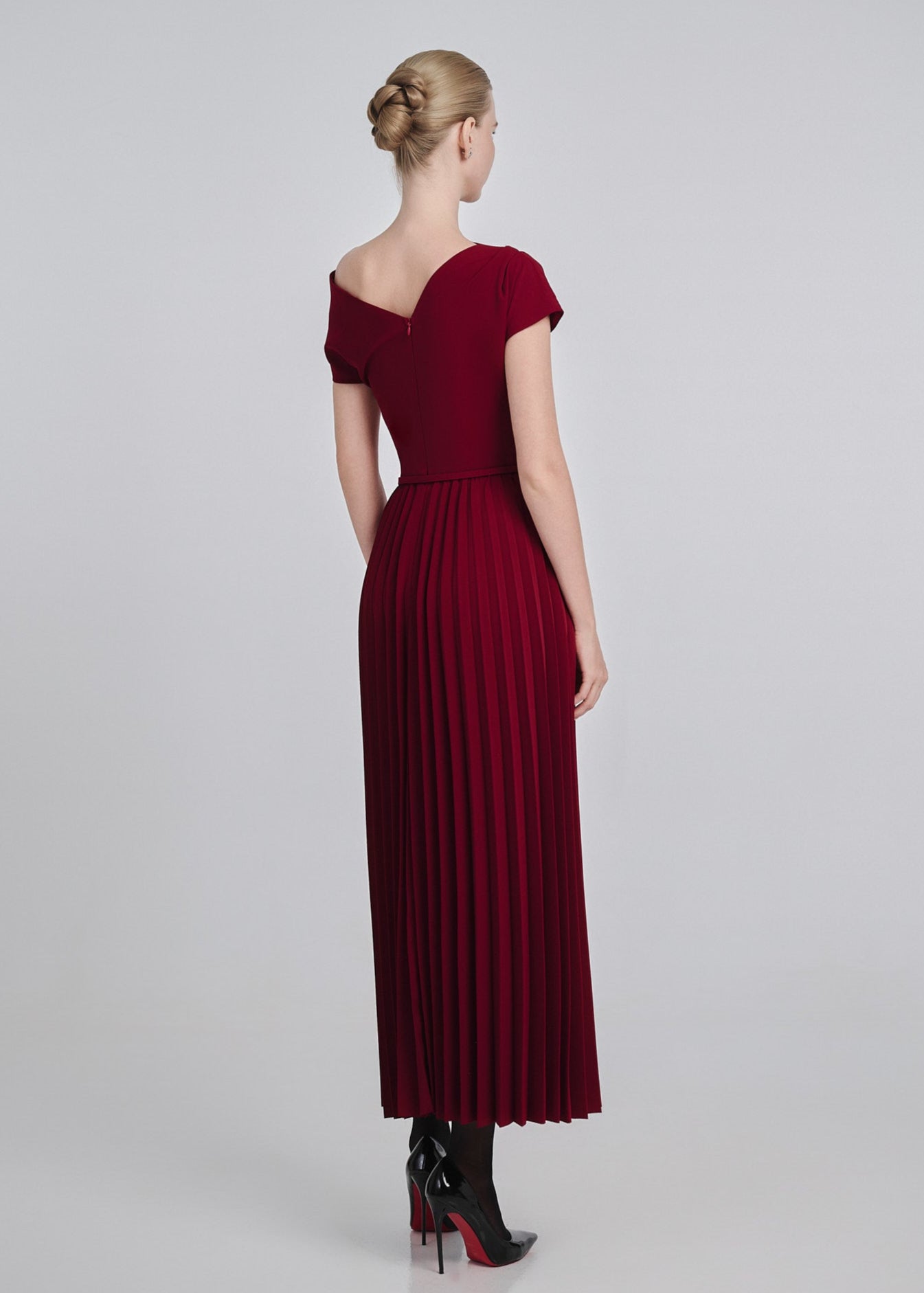 One-Shoulder Pleated Maxi Dress with Belt
