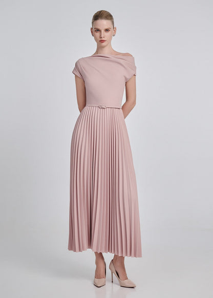 One-Shoulder Pleated Maxi Dress with Belt