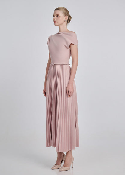 One-Shoulder Pleated Maxi Dress with Belt