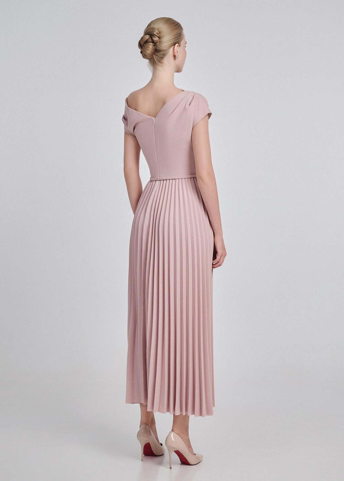 One-Shoulder Pleated Maxi Dress with Belt