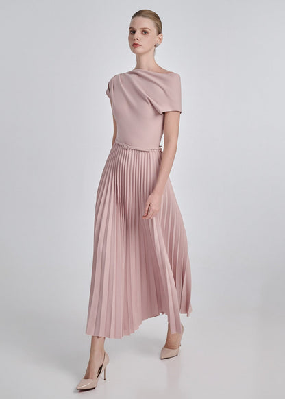 One-Shoulder Pleated Maxi Dress with Belt