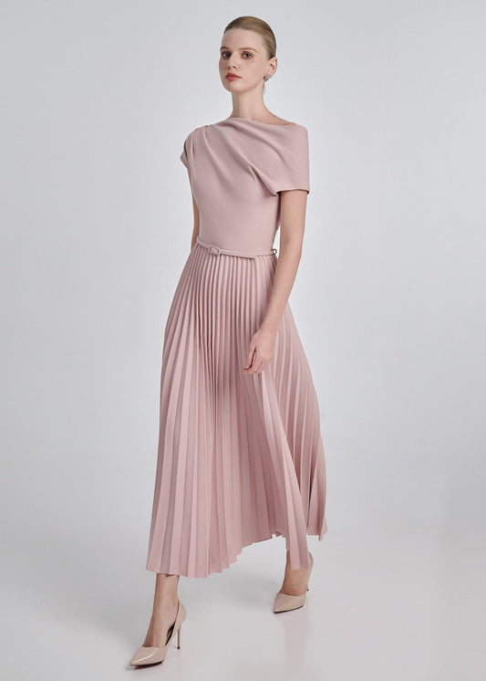 One-Shoulder Pleated Maxi Dress with Belt