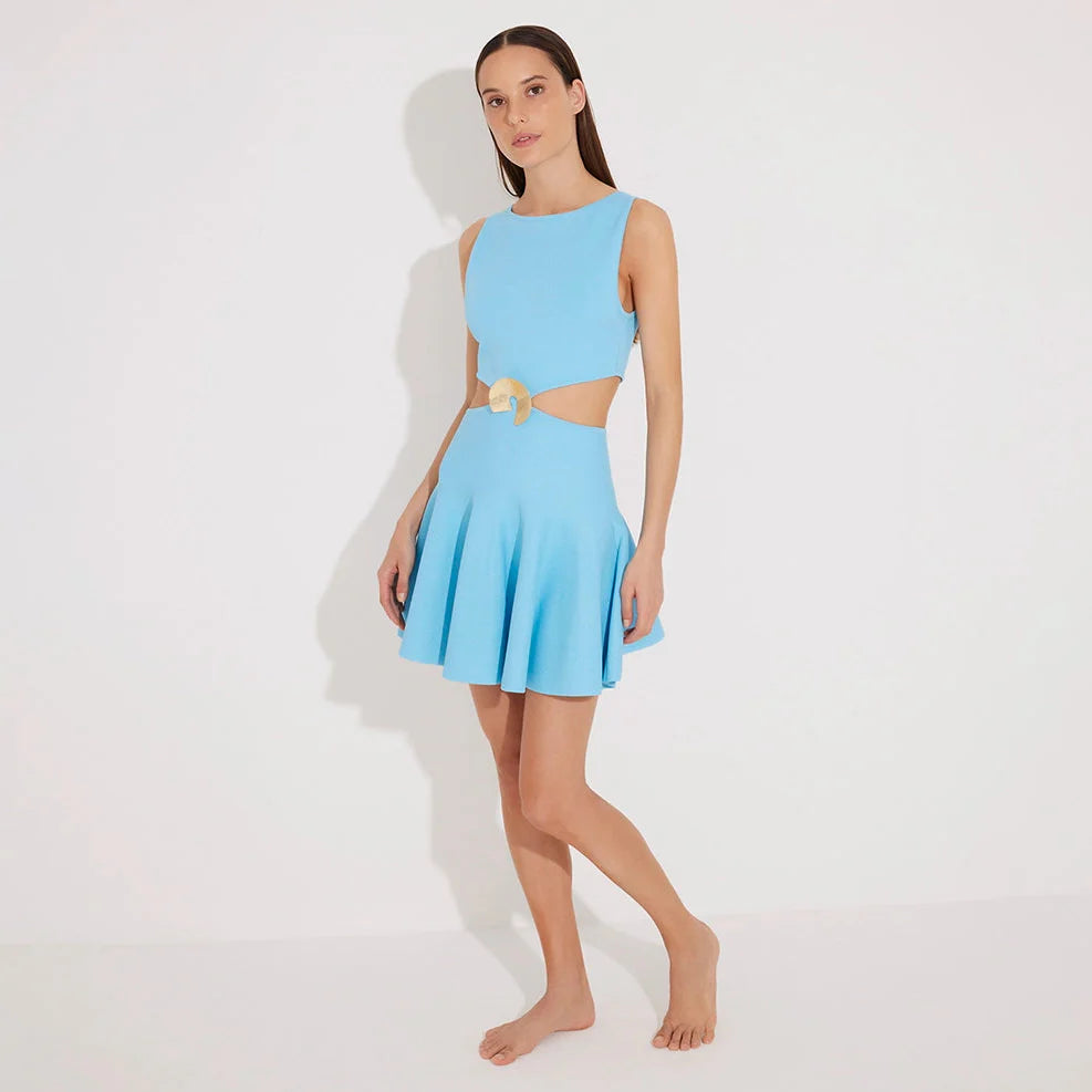 Lanao Blue Cut-Out Knit Mini Dress with Gold Detail