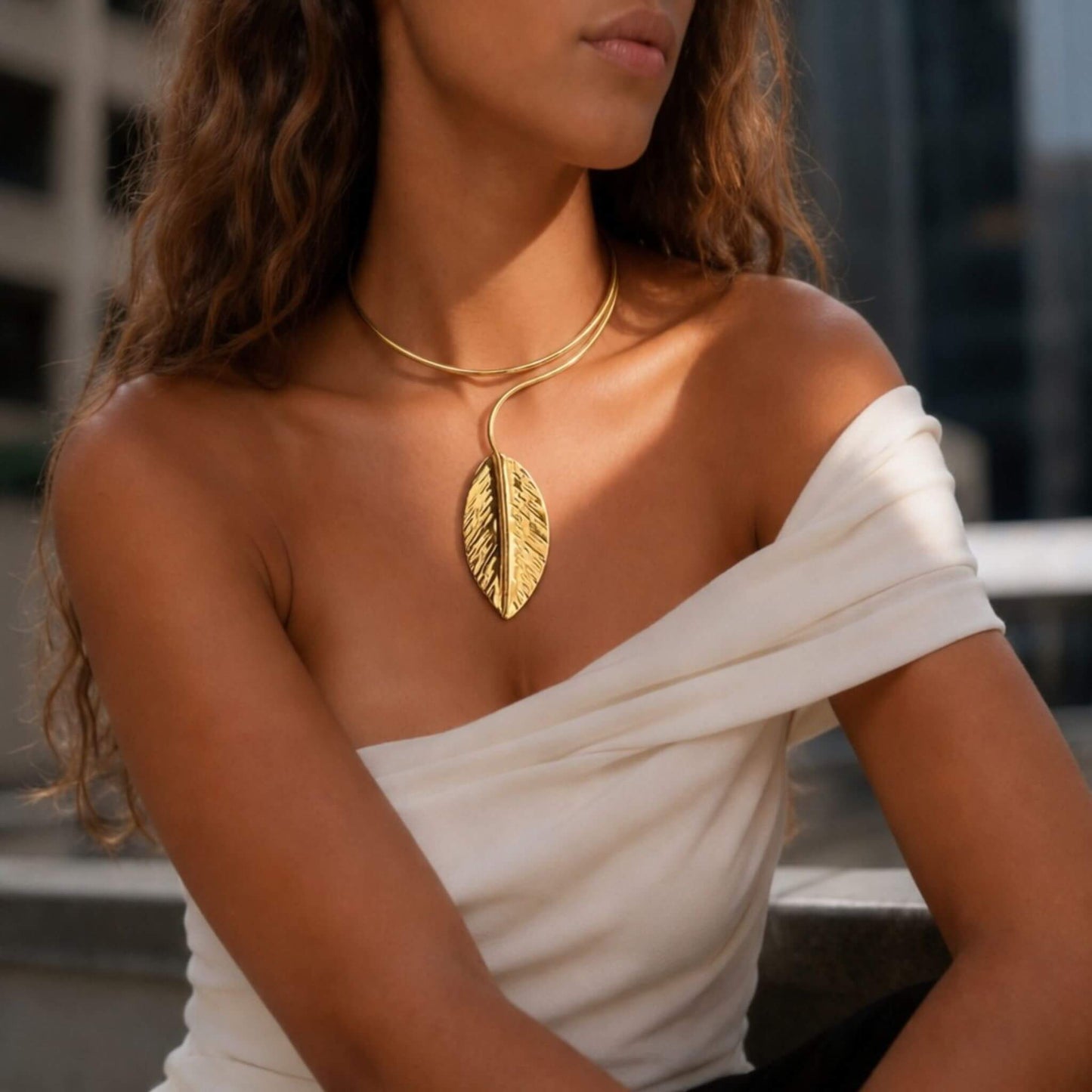 Leaf Pendant Wrap Brass Choker Necklace | Zizi