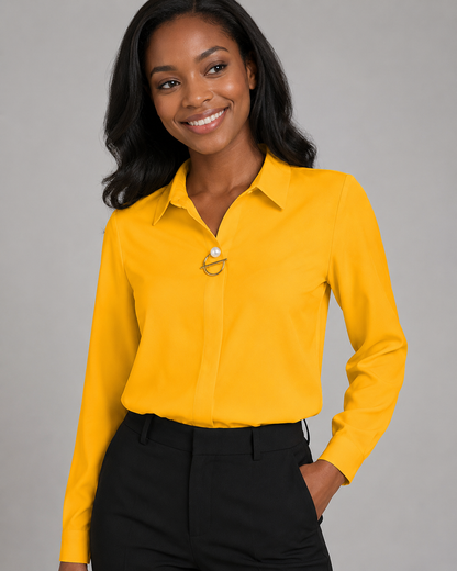 Long Sleeve Button Down Shirt - Collared V-Neck Casual Dress Blouse