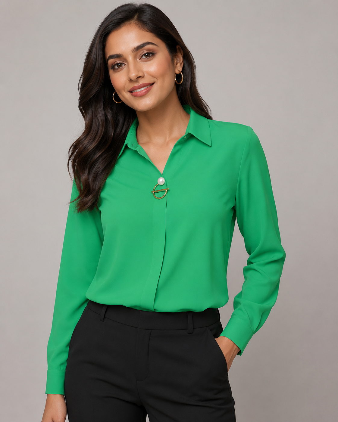 Long Sleeve Button Down Shirt - Collared V-Neck Casual Dress Blouse