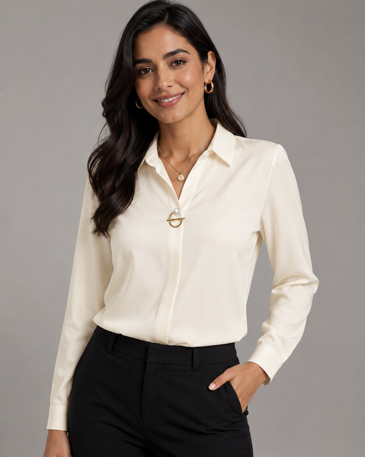 Long Sleeve Button Down Shirt - Collared V-Neck Casual Dress Blouse