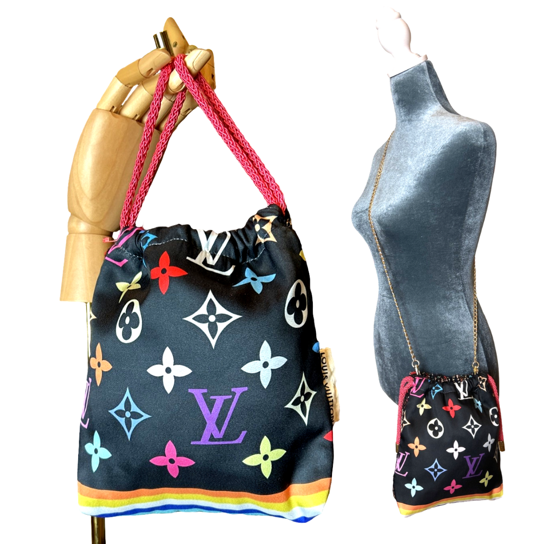LV Monogram Noir Vintage Silk Scarf Drawstring Crossbody Bag