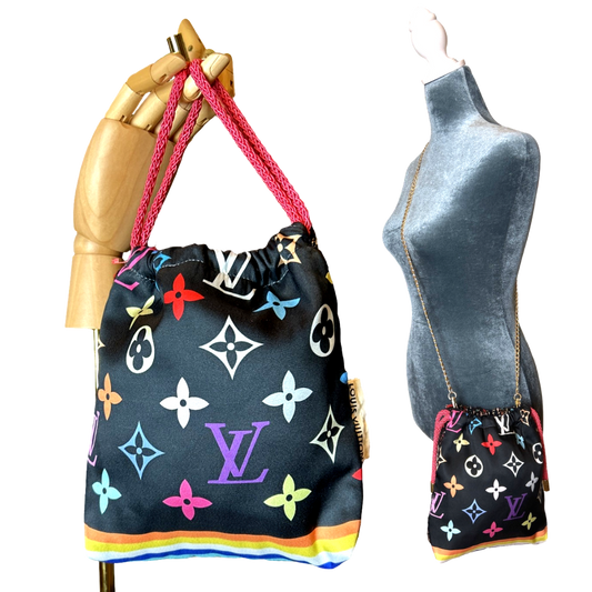 LV Monogram Noir Vintage Silk Scarf Drawstring Crossbody Bag