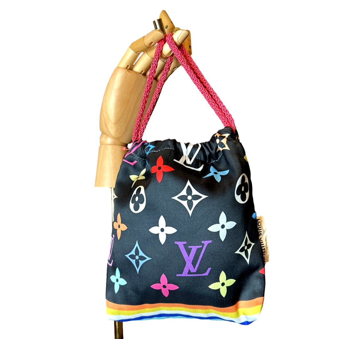LV Monogram Noir Vintage Silk Scarf Drawstring Crossbody Bag