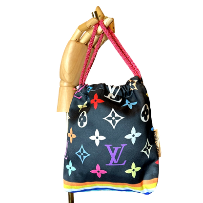 LV Monogram Noir Vintage Silk Scarf Drawstring Crossbody Bag