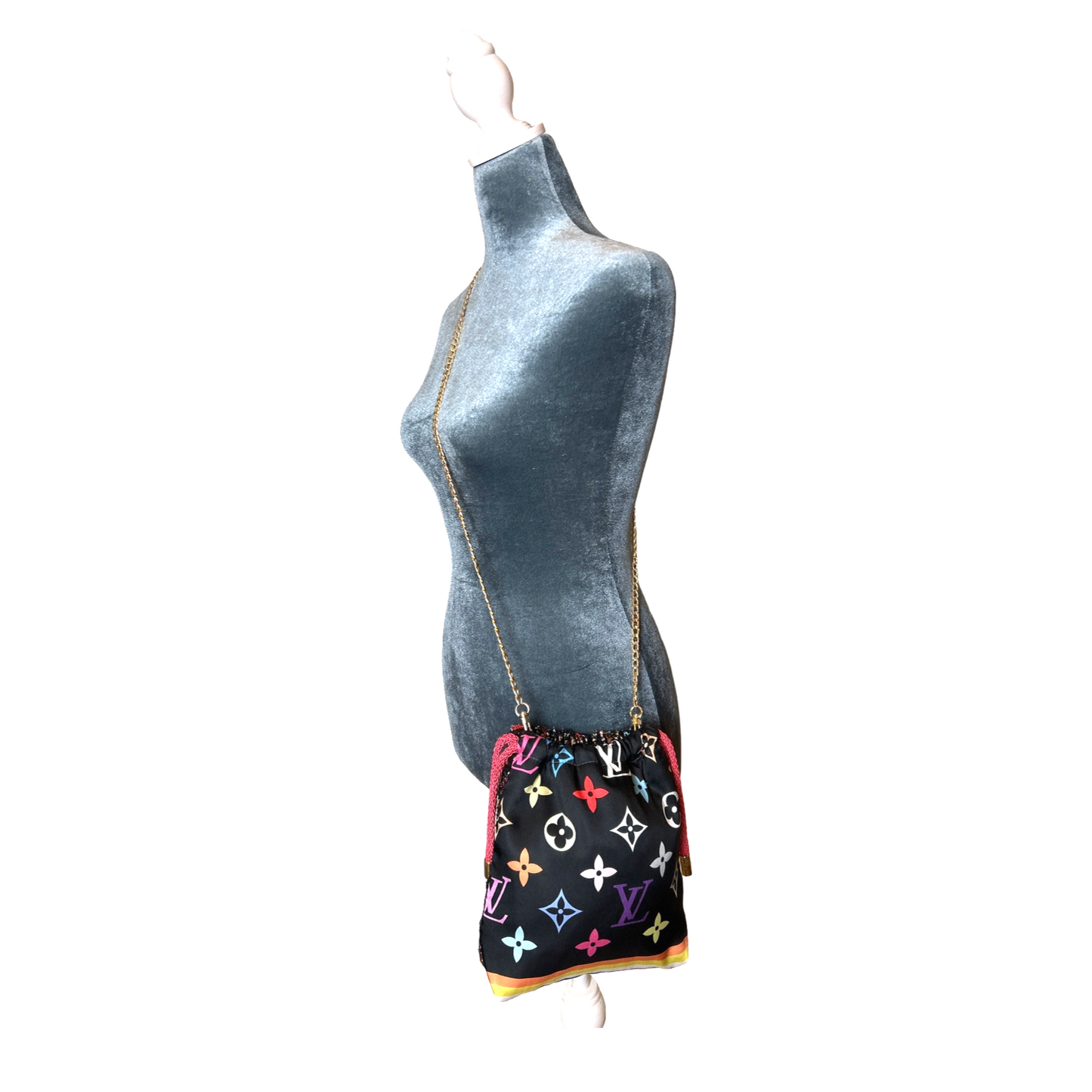 LV Monogram Noir Vintage Silk Scarf Drawstring Crossbody Bag