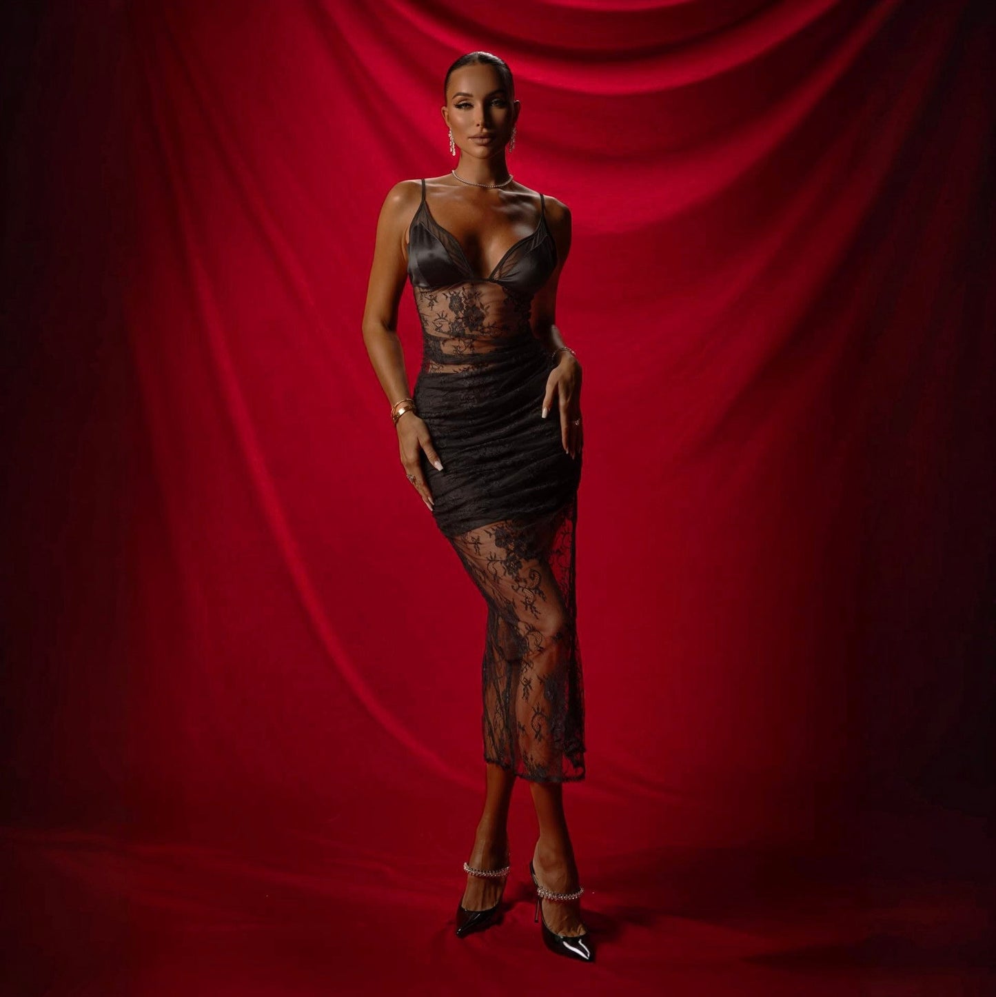 Love Affair Black Lace Midi Dress With Silk Cups