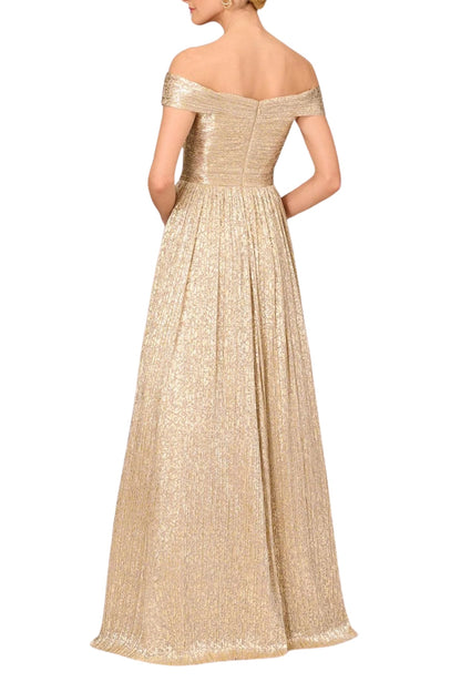Aidan Mattox Off The Shoulder Metallic Foiled Pleated Mesh Long A-Line Ball Gown Dress